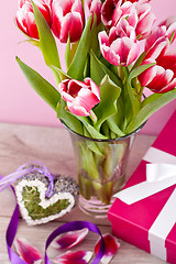 Image showing pink and white tulips present ribbon easter birthday