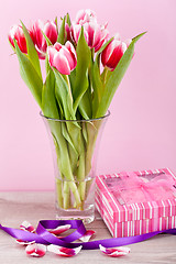 Image showing pink and white tulips present ribbon easter birthday