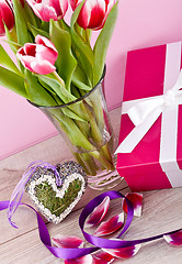 Image showing pink and white tulips present ribbon easter birthday