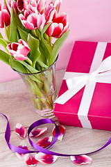 Image showing pink and white tulips present ribbon easter birthday