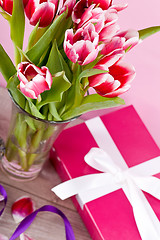 Image showing pink and white tulips present ribbon easter birthday