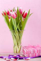 Image showing pink and white tulips present ribbon easter birthday