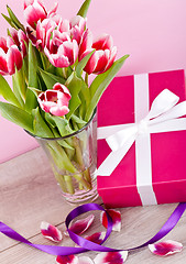 Image showing pink and white tulips present ribbon easter birthday