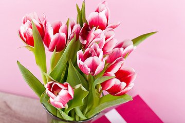 Image showing pink and white tulips present ribbon easter birthday