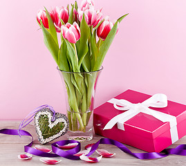 Image showing pink and white tulips present ribbon easter birthday