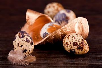 Image showing easter decoration with quail eggs on wood