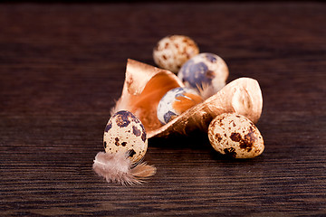 Image showing easter decoration with quail eggs on wood