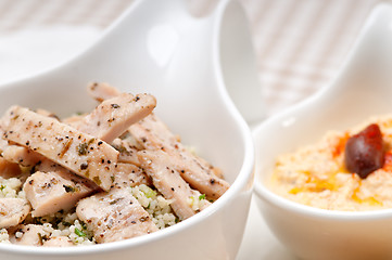 Image showing chicken taboulii couscous with hummus