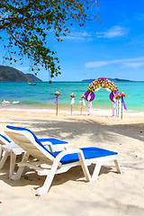 Image showing Flower decoration at the beach wedding