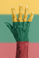 Image showing Old hand with flag, European Union, Lithuania