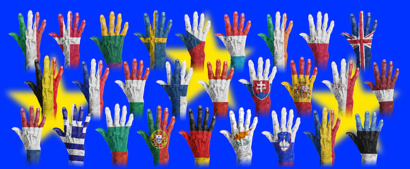 Image showing Hands with flag painting of the EU-coutries