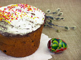 Image showing Easter still life. Festive pie and eggs 