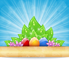 Image showing Easter background with colorful eggs, leaves, flowers