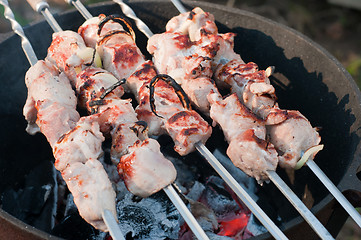 Image showing Shish kebab preparation on a brazier