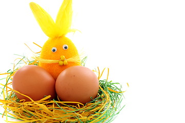 Image showing Funny Easter bunny and eggs in the nest.