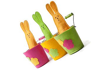 Image showing Multicolored easter bunnies (diagonal view)