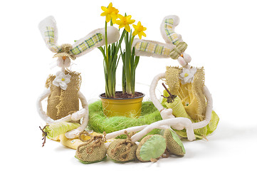 Image showing Easter bunnies with narcissus