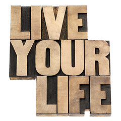 Image showing live your life in wood type