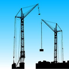 Image showing Silhouette of two cranes working on the building. Vector illustr