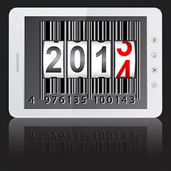 Image showing White tablet PC computer with 2014 New Year counter, barcode iso