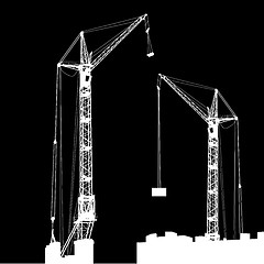 Image showing Silhouette of two cranes working on the building. Vector illustr