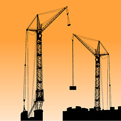Image showing Silhouette of two cranes working on the building. Vector illustr