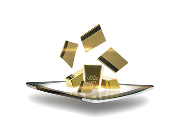 Image showing Modern tablet with gold bullion