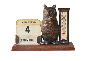 Image showing Calendar-Thermometer-Miniature owl statue