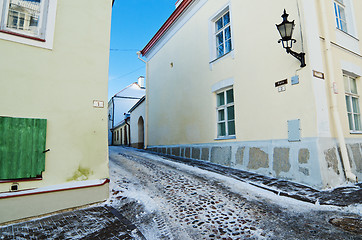 Image showing Deserted Street in old town Tallinn frosty morning