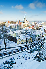 Image showing A view over the rooftops of old Tallinn frosty morning