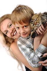 Image showing happy mother and son with a cat