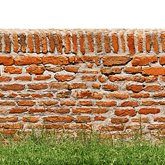 Image showing Red brick wall with green grass isolated on white