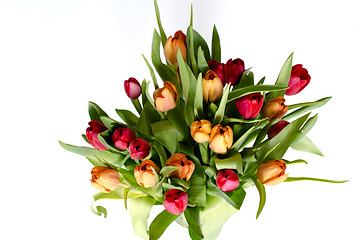 Image showing Bouquet of tulips on white - horizontal