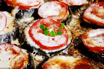 Image showing Backed eggplant, mozzarella, tomatoes and basil