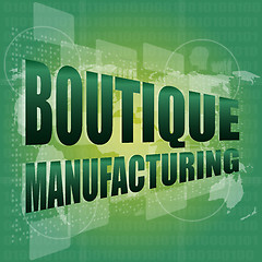 Image showing words boutique manufacturing on touch screen technology background