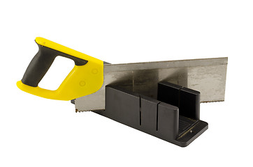 Image showing plastic saw angle cut miter box tool on white 