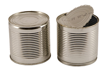 Image showing pair open used silver metal cans isolated white 