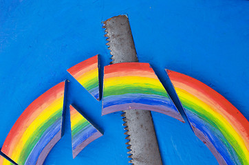 Image showing colorful rainbow hand saw blue background concept 