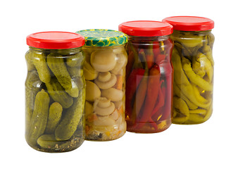 Image showing mushroom peppers cucumbers canned glass jar pot 