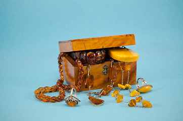 Image showing amber jewelry necklace ring retro wooden box blue 