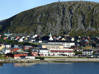 Image showing Small harbor town by the seaside