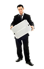 Image showing businessman showing metal container