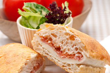 Image showing ciabatta panini sandwich with parma ham and tomato