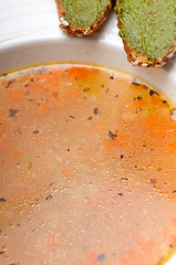 Image showing Italian minestrone soup with pesto crostini on side