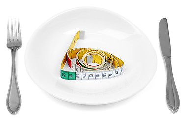 Image showing Measuring tape on white plate 