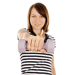 Image showing Portrait of fitness woman working out with dumbbells