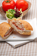 Image showing ciabatta panini sandwich with parma ham and tomato