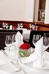 Image showing tables in restaurant decoration tableware empty dishware