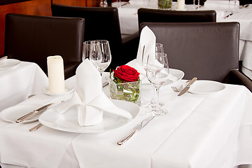 Image showing tables in restaurant decoration tableware empty dishware