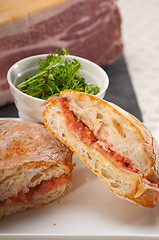 Image showing ciabatta panini sandwich with parma ham and tomato